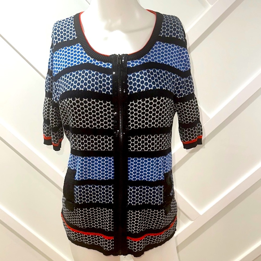 Tricot Made in Italy Black and Blue Striped Woman  ZIP Up Sweater Size 52 US 16